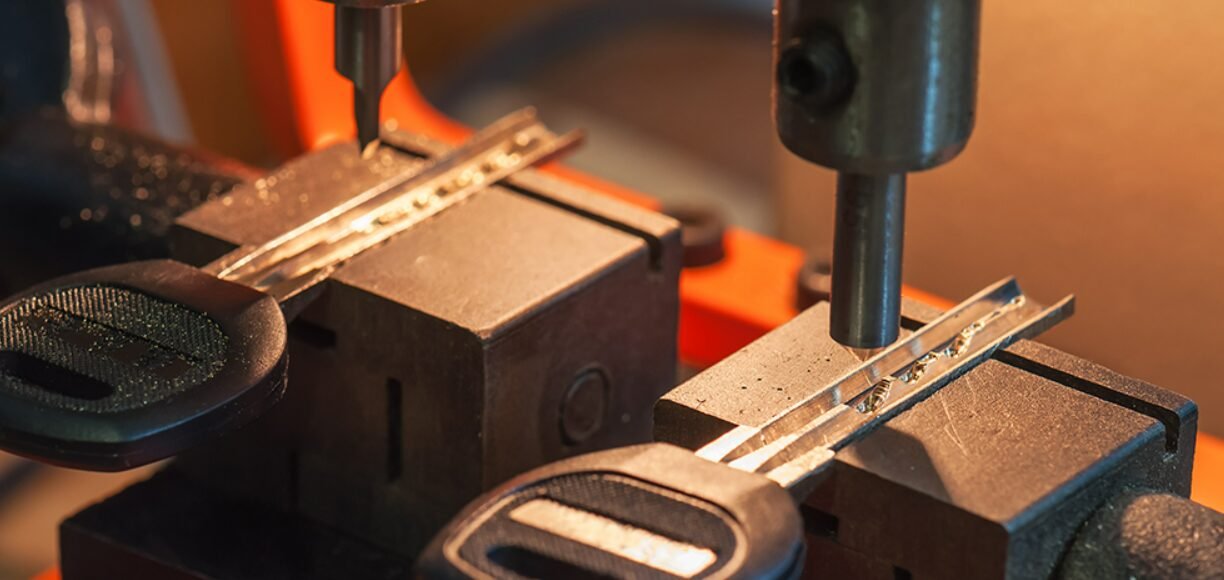 a professional locksmith at Blueline Locksmith, specializing in car key replacement services, holding a newly cut car key with a modern vehicle in the background.